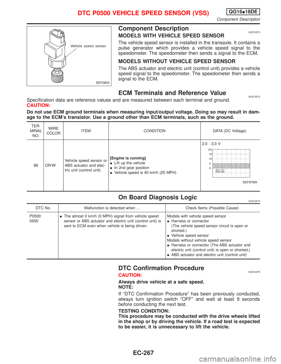 NISSAN PRIMERA 1999 Electronic Repair Manual Component DescriptionNCEC0272MODELS WITH VEHICLE SPEED SENSOR
The vehicle speed sensor is installed in the transaxle. It contains a
pulse generator which provides a vehicle speed signal to the
speedom NISSAN PRIMERA 1999 Electronic Repair Manual Component DescriptionNCEC0272MODELS WITH VEHICLE SPEED SENSOR
The vehicle speed sensor is installed in the transaxle. It contains a
pulse generator which provides a vehicle speed signal to the
speedom