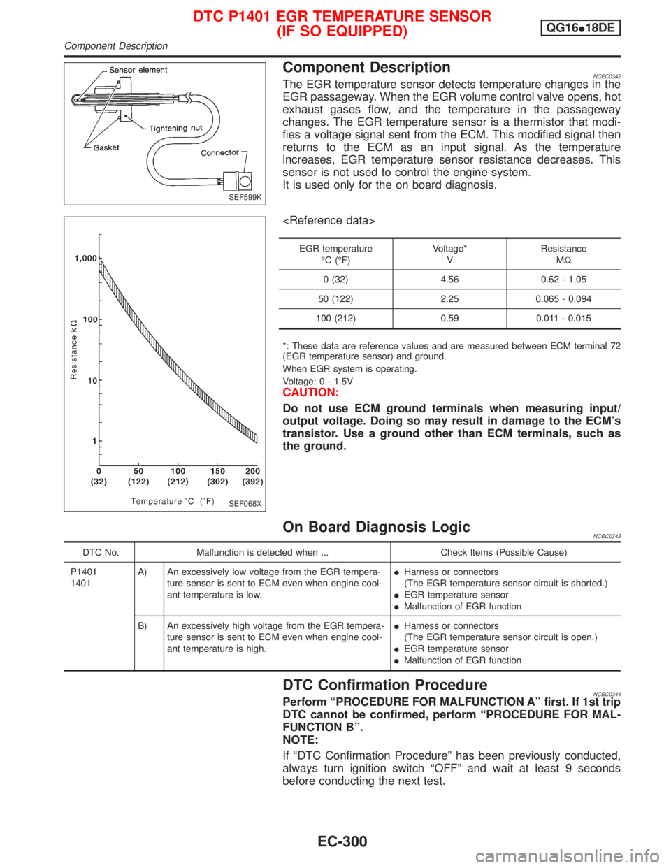 NISSAN PRIMERA 1999 Electronic Repair Manual Component DescriptionNCEC0342The EGR temperature sensor detects temperature changes in the
EGR passageway. When the EGR volume control valve opens, hot
exhaust gases flow, and the temperature in the p NISSAN PRIMERA 1999 Electronic Repair Manual Component DescriptionNCEC0342The EGR temperature sensor detects temperature changes in the
EGR passageway. When the EGR volume control valve opens, hot
exhaust gases flow, and the temperature in the p
