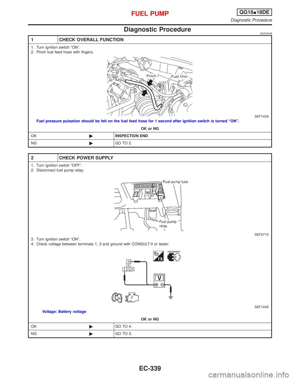 NISSAN PRIMERA 1999  Electronic Repair Manual Diagnostic ProcedureNCEC0448
1 CHECK OVERALL FUNCTION
1. Turn ignition switch ªONº.
2. Pinch fuel feed hose with fingers.
SEF143XFuel pressure pulsation should be felt on the fuel feed hose for 1 se