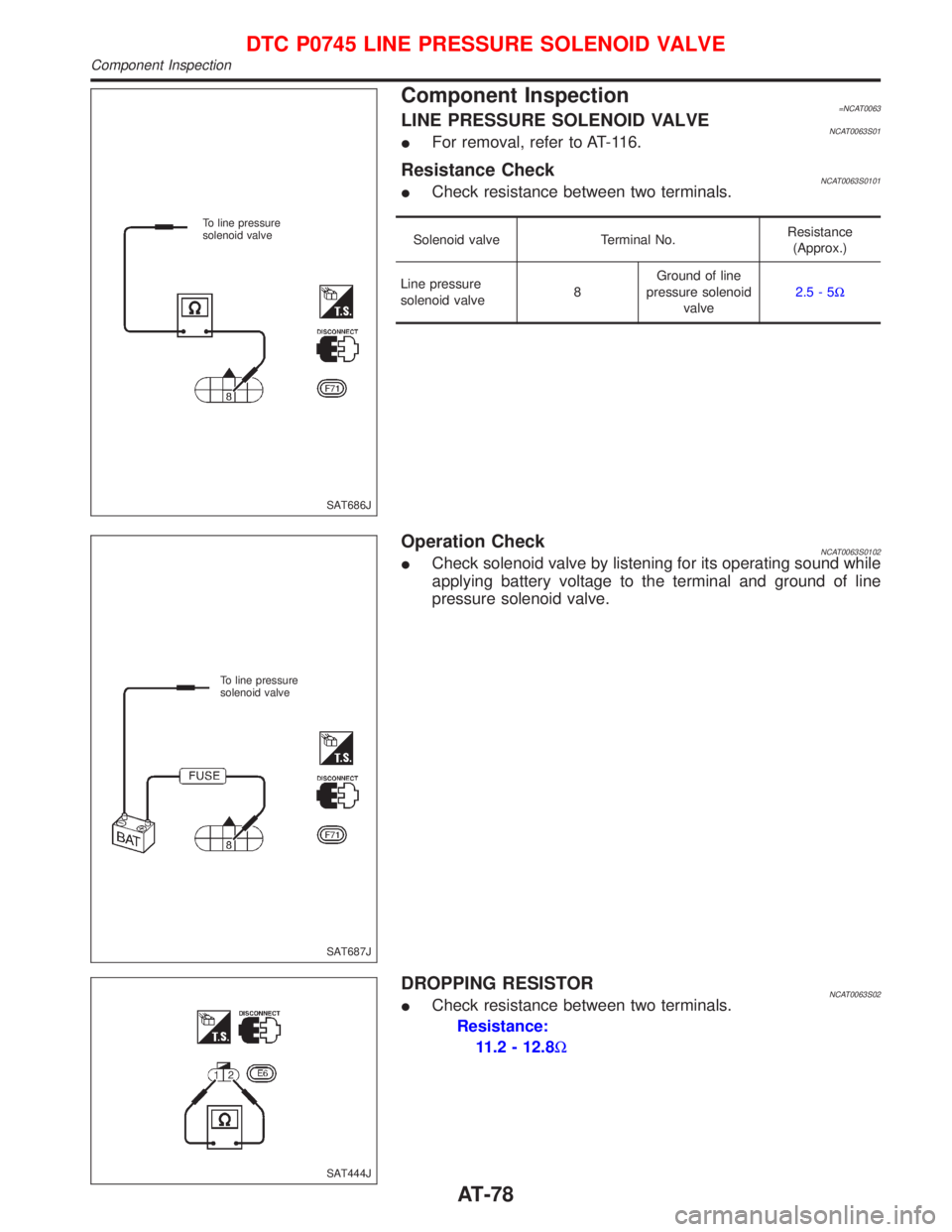 NISSAN PRIMERA 1999  Electronic Repair Manual Component Inspection=NCAT0063LINE PRESSURE SOLENOID VALVENCAT0063S01IFor removal, refer to AT-116.
Resistance CheckNCAT0063S0101ICheck resistance between two terminals.
Solenoid valve Terminal No.Resi