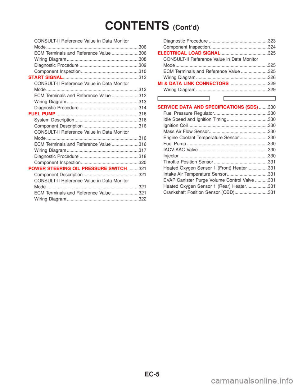 NISSAN PRIMERA 1999  Electronic Repair Manual CONSULT-II Reference Value in Data Monitor
Mode ........................................................................306
ECM Terminals and Reference Value .....................306
Wiring Diagram ..