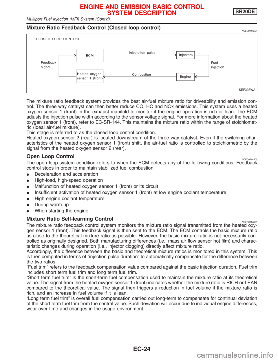NISSAN PRIMERA 1999  Electronic Repair Manual Mixture Ratio Feedback Control (Closed loop control)NCEC0014S04
The mixture ratio feedback system provides the best air-fuel mixture ratio for driveability and emission con-
trol. The three way cataly