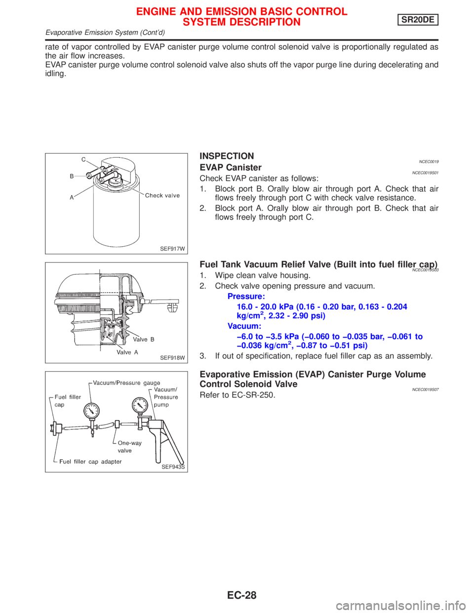 NISSAN PRIMERA 1999  Electronic Repair Manual rate of vapor controlled by EVAP canister purge volume control solenoid valve is proportionally regulated as
the air flow increases.
EVAP canister purge volume control solenoid valve also shuts off th