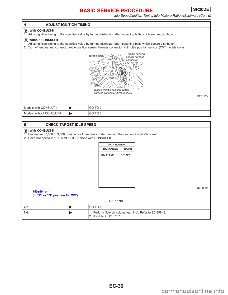 NISSAN PRIMERA 1999  Electronic Repair Manual 4 ADJUST IGNITION TIMING
With CONSULT-II
1. Adjust ignition timing to the specified value by turning distributor after loosening bolts which secure distributor.
Without CONSULT-II
1. Adjust ignition t