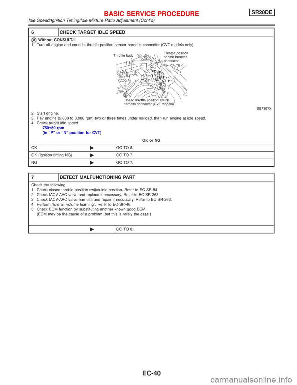 NISSAN PRIMERA 1999  Electronic Repair Manual 6 CHECK TARGET IDLE SPEED
Without CONSULT-II
1. Turn off engine and connect throttle position sensor harness connector (CVT models only).
SEF197X2. Start engine.
3. Rev engine (2,000 to 3,000 rpm) two