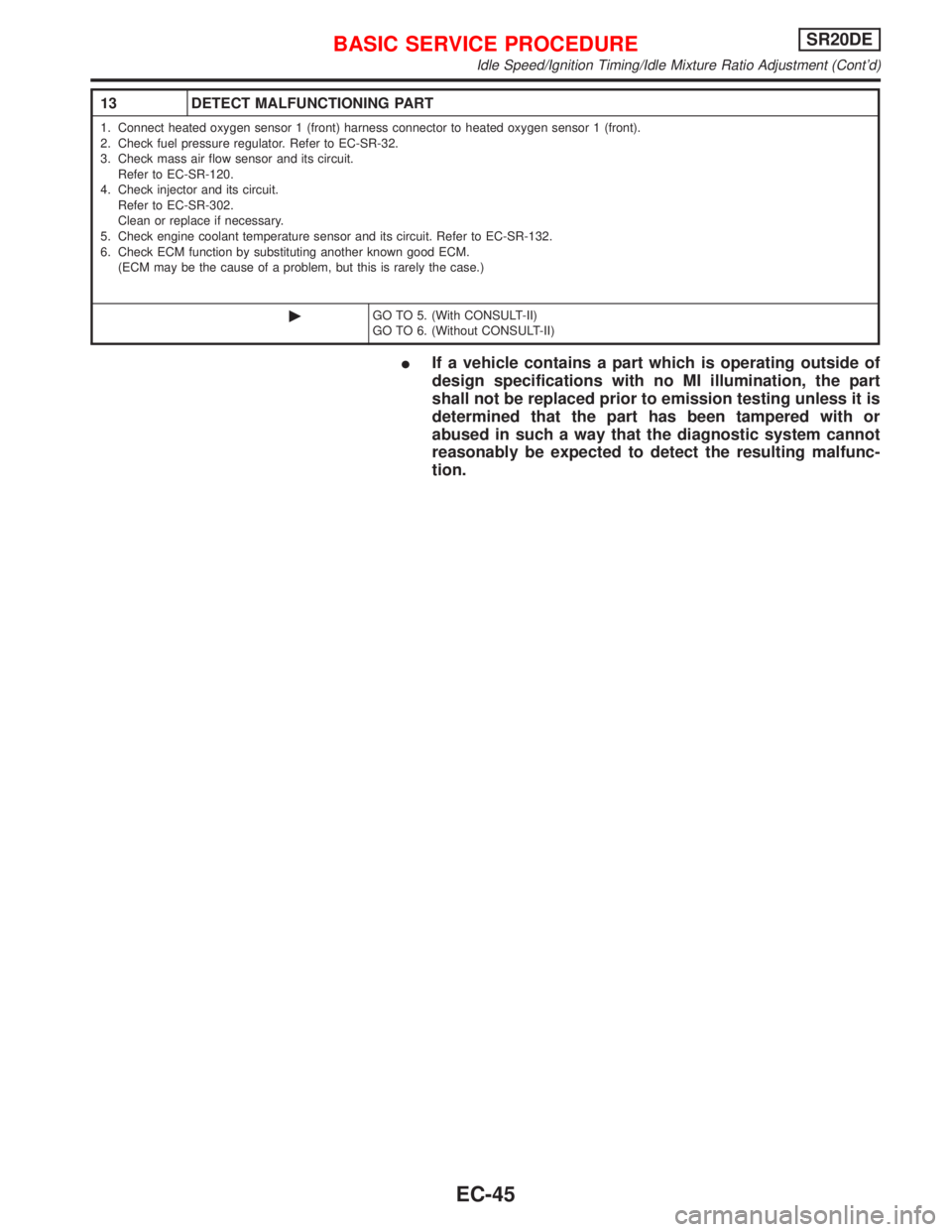 NISSAN PRIMERA 1999  Electronic Repair Manual 13 DETECT MALFUNCTIONING PART
1. Connect heated oxygen sensor 1 (front) harness connector to heated oxygen sensor 1 (front).
2. Check fuel pressure regulator. Refer to EC-SR-32.
3. Check mass air flow