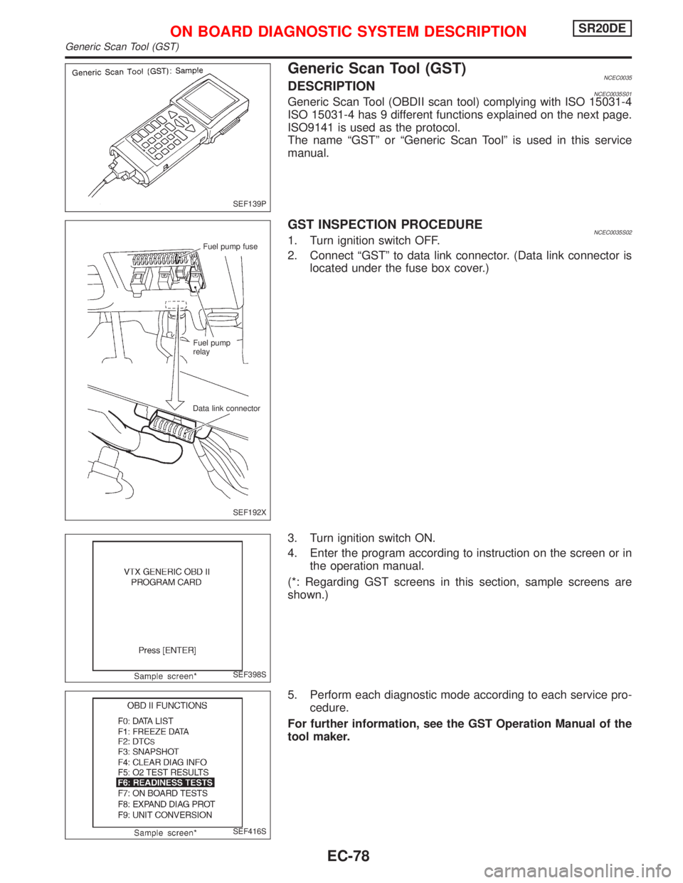 NISSAN PRIMERA 1999  Electronic Repair Manual Generic Scan Tool (GST)NCEC0035DESCRIPTIONNCEC0035S01Generic Scan Tool (OBDII scan tool) complying with ISO 15031-4
ISO 15031-4 has 9 different functions explained on the next page.
ISO9141 is used as