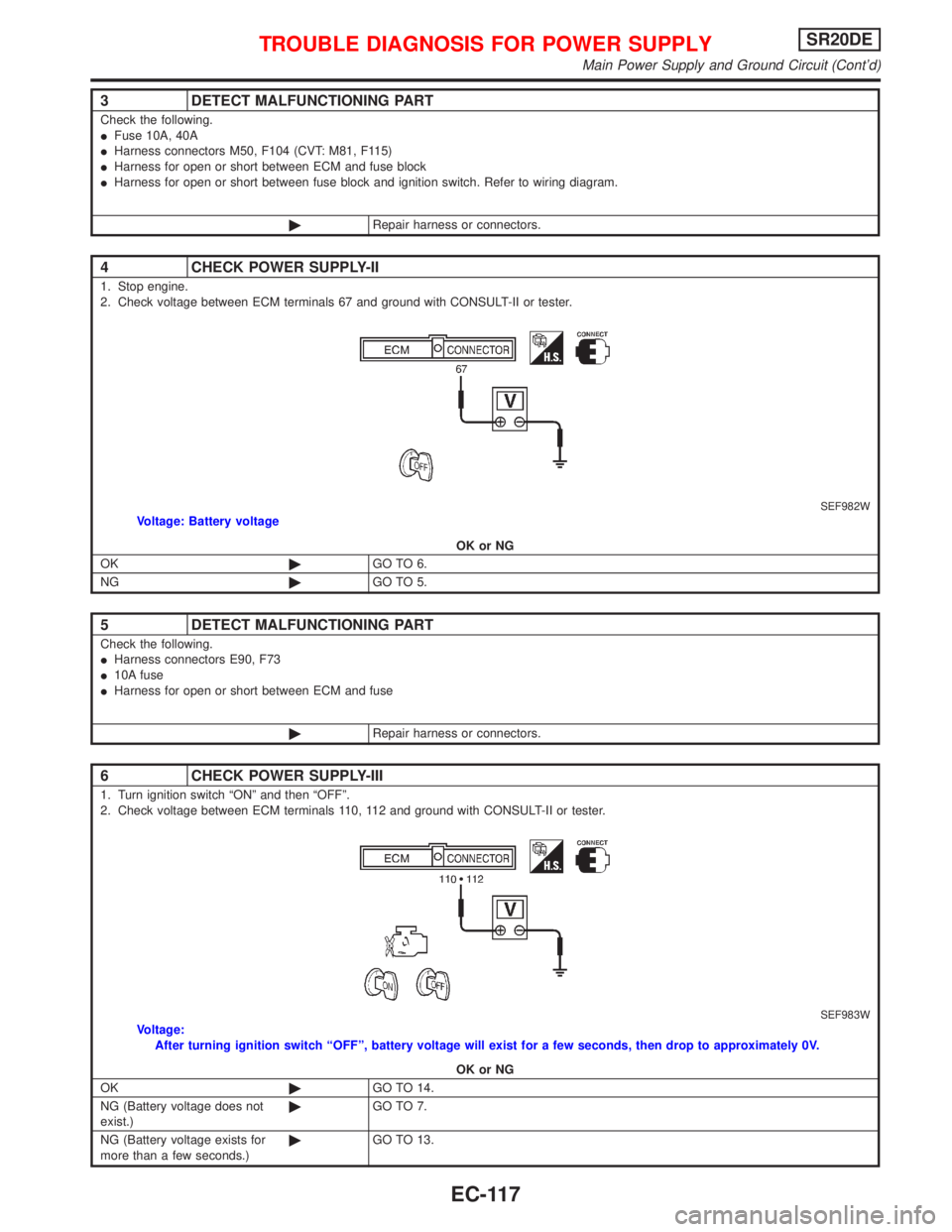 NISSAN PRIMERA 1999 Electronic Repair Manual 3 DETECT MALFUNCTIONING PART
Check the following.
IFuse 10A, 40A
IHarness connectors M50, F104 (CVT: M81, F115)
IHarness for open or short between ECM and fuse block
IHarness for open or short between NISSAN PRIMERA 1999 Electronic Repair Manual 3 DETECT MALFUNCTIONING PART
Check the following.
IFuse 10A, 40A
IHarness connectors M50, F104 (CVT: M81, F115)
IHarness for open or short between ECM and fuse block
IHarness for open or short between