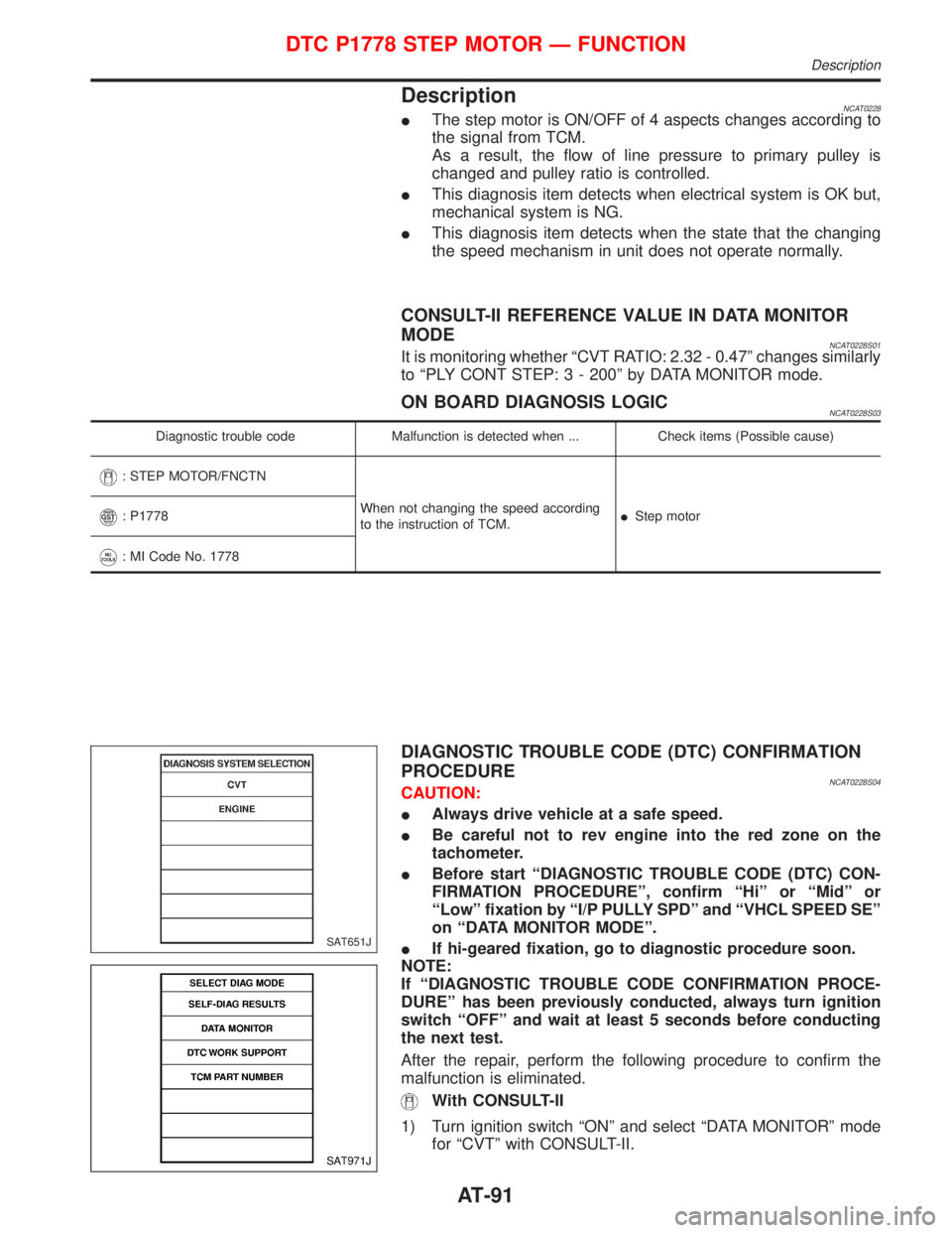 NISSAN PRIMERA 1999 Electronic Repair Manual DescriptionNCAT0228IThe step motor is ON/OFF of 4 aspects changes according to
the signal from TCM.
As a result, the flow of line pressure to primary pulley is
changed and pulley ratio is controlled.
NISSAN PRIMERA 1999 Electronic Repair Manual DescriptionNCAT0228IThe step motor is ON/OFF of 4 aspects changes according to
the signal from TCM.
As a result, the flow of line pressure to primary pulley is
changed and pulley ratio is controlled.