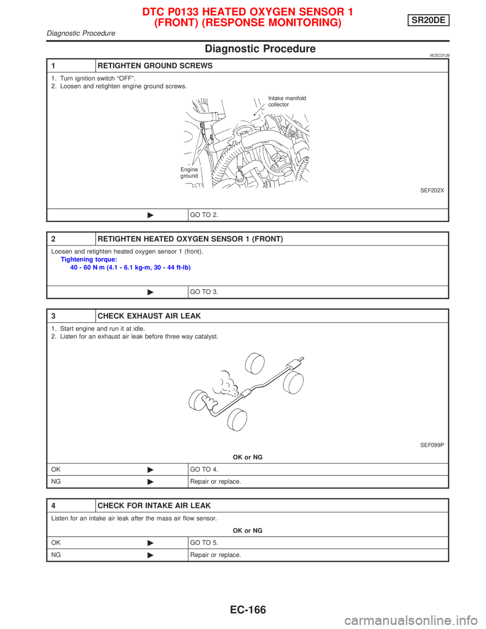 NISSAN PRIMERA 1999  Electronic Repair Manual Diagnostic ProcedureNCEC0126
1 RETIGHTEN GROUND SCREWS
1. Turn ignition switch ªOFFº.
2. Loosen and retighten engine ground screws.
SEF202X
©GO TO 2.
2 RETIGHTEN HEATED OXYGEN SENSOR 1 (FRONT)
Loos