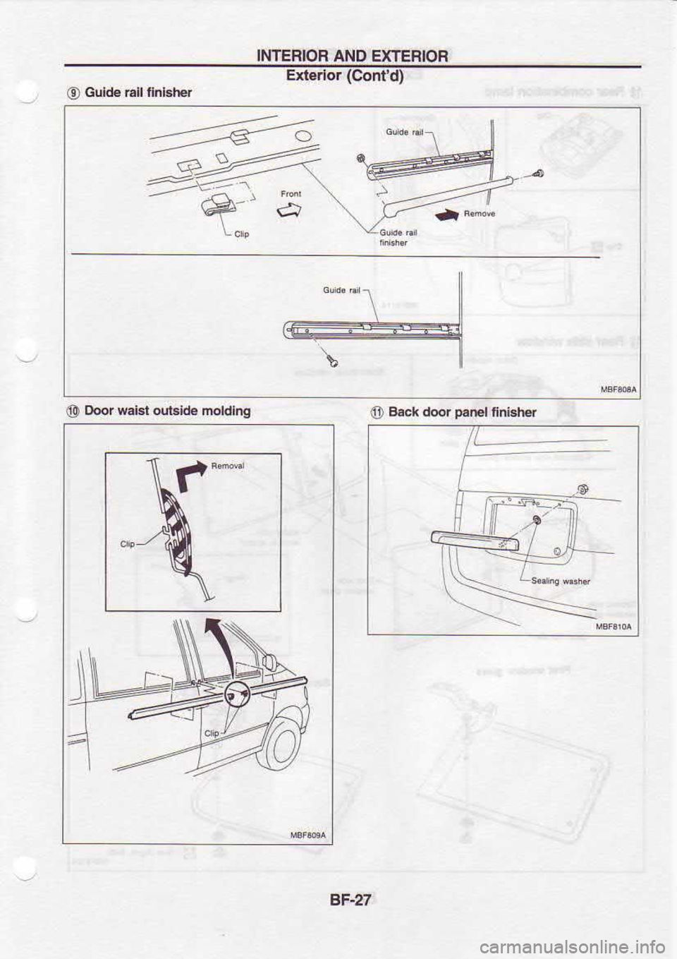 NISSAN SERENA 1993  Service Repair Manual INTERIOR 
AND EXTERIOR
Exterior  (Contd)
_  O Guld€ 
Ell fnblFr
@  Door 
Misr  outsld€  moldlng
@ B€ck 
door p.El 
rnl.ls
BF-27 