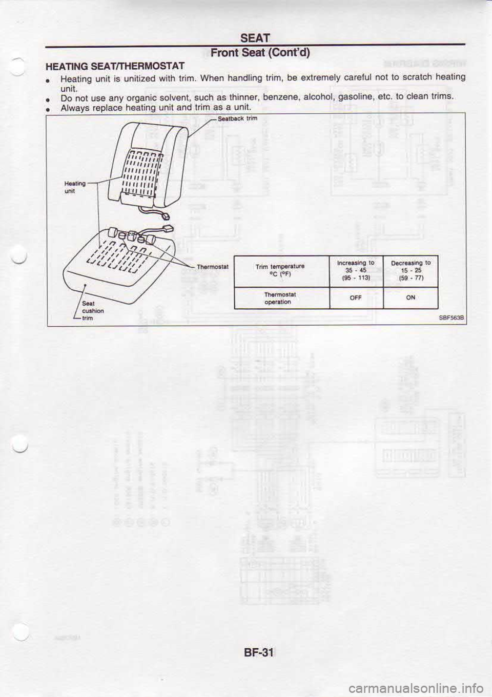 NISSAN SERENA 1993  Service Repair Manual SEAT
Fronl  Seat (Confd)
HEATING  SEATMIEBiIOSTAT
.  Henng 
unit is 
u.ilzed  wilh tim.  Wh€n 
handling  trm, b€ 
en€mdv  carciul nol 
lo scralch  heatng
.  Do 
not  use  any o4an  c 
solvent,  