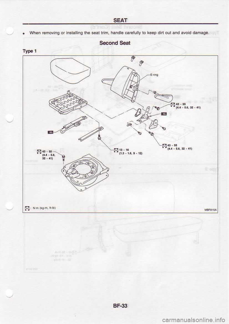 NISSAN SERENA 1993  Service Repair Manual SEAT
-  -  . 
when  rcmoving  or inslal  ing 
lha 
.eal  iim,  h5.d 
€ €Bfully  lo k€ep  dirl oul  and  avoid  damag€.
Second  S€at
Typ€  I
-^),arvls
*-  ad#"
.  "{ta  /.l)\,,
631  N.
. 