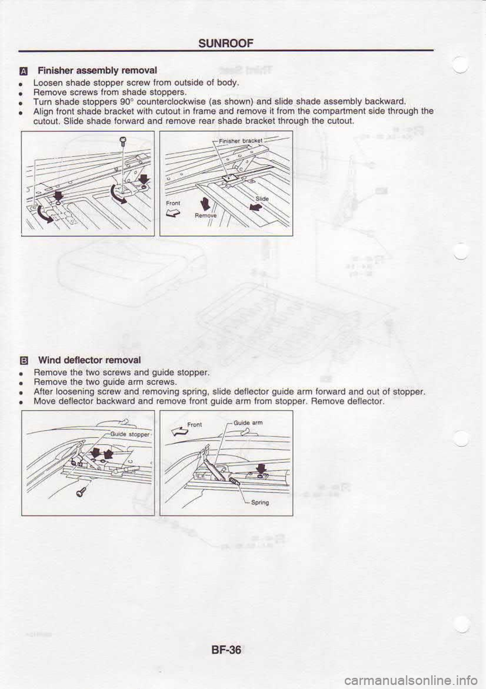 NISSAN SERENA 1993  Service Repair Manual E
B SUNROOF
Flnlsher  assMbly  Emoval
Lo6en  shade stopp.r  sc€w 
fbm ouEid€  ol body.
Bemove  screws frcm shade  sloo@E.
Tum  shade  stoppe6  90counlerclockwise  (a6 
6hown)  and 
sld€  3had6 