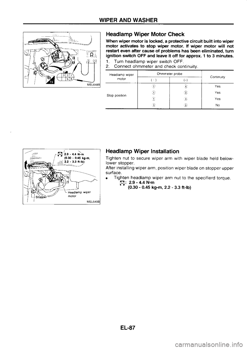 NISSAN SERENA 1993  Service Repair Manual WIPER 
AND WASHER
Headlamp  Wiper Motor 
Check
When  wiper motor 
is locked,  a protective 
circuit built into 
wiper
motor  activates  to 
stop  wiper 
motor. 
lf wiper  motor  will not
restart  even