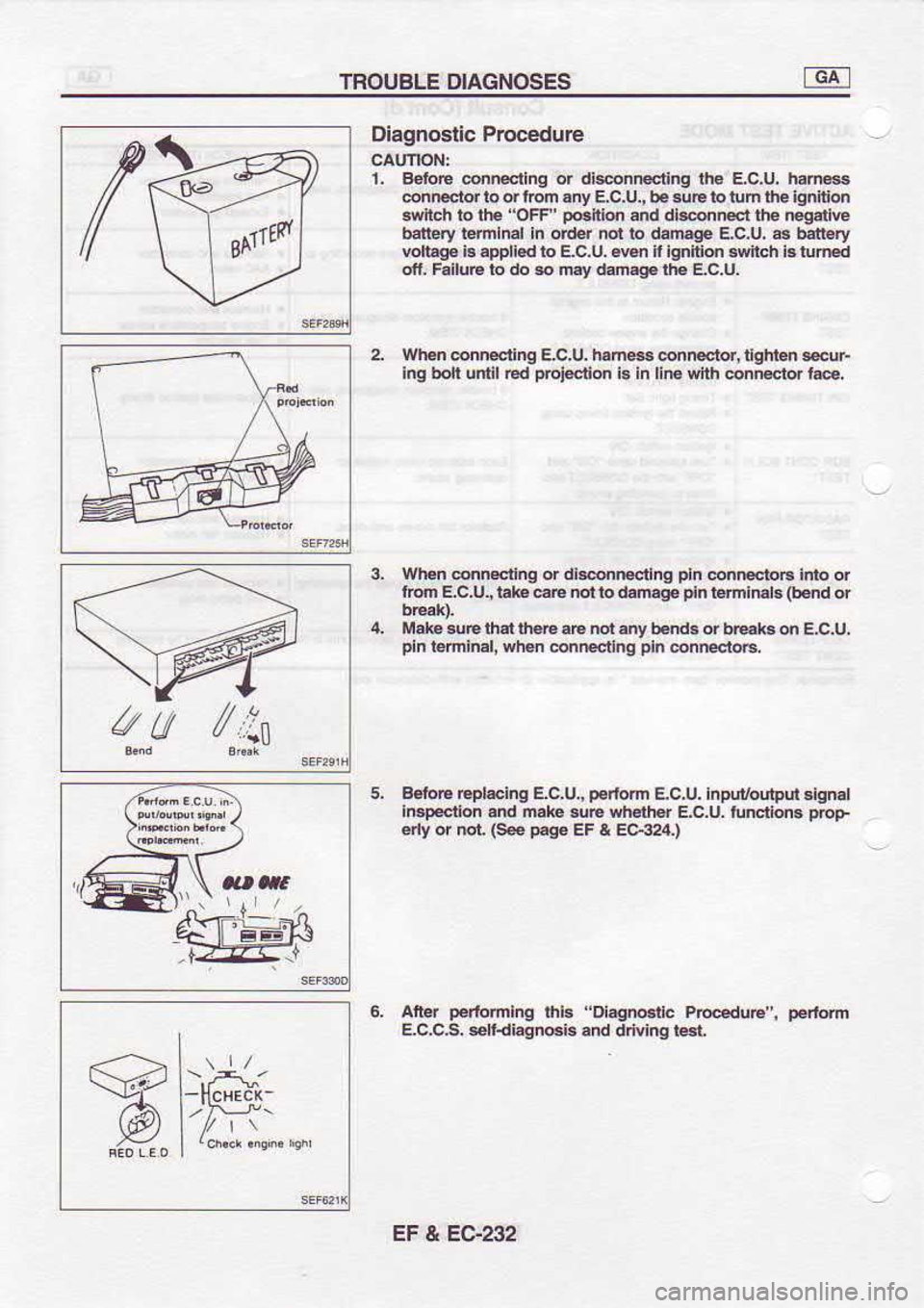 NISSAN SERENA 1993  Service Repair Manual TROUBLE 
DIAGNOSES
BA{rrd Diagnoslic 
Procedure
t.  Beloe  @n.ectinq  or disnneling  the Ec.u.  had6
FnEior  ro or lEn  .ny E.C.U.,  b.4E  lo lum  ilE ignilion
swnch  b rhe 
"oFP  poanio 
and dl3q.sr