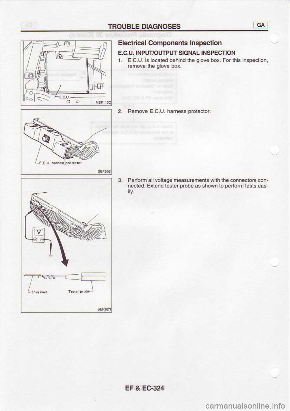 NISSAN SERENA 1993  Service Repair Manual TROUBLE 
DIAGNOSES
lt
E[+ Electrical 
Components  Inspecton
EC.U.  INPUI/QUTPUI  SIGNAL INSPECNON
1.  E.c.U.  is l@ated  behind the qLova 
bor Forrhl6 
in6p€.tion.
€move  lhe g 
ove  box.
2.  Feno
