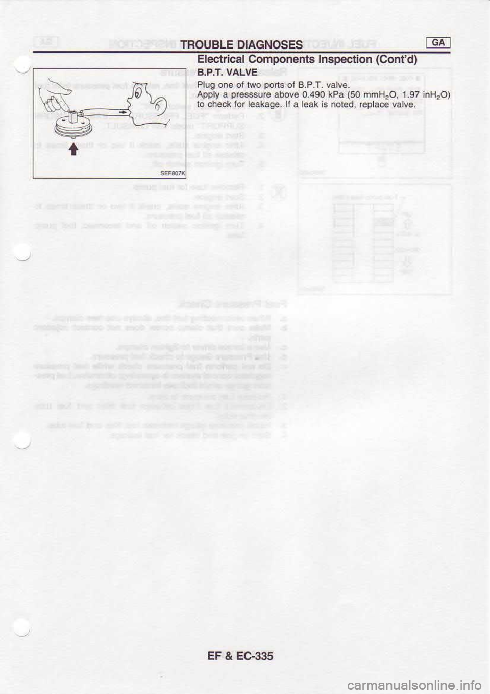 NISSAN SERENA 1993  Service Repair Manual TROUBLE 
DIAGTIOSES
Electdcal  Components  Inspeclion (Confd)
B.P.T,  VALVE
Plug  on6 ol two  porl3 
oi B.P.T.  valv6.
Apply  a p€ssure 
above 0.rt9o kPa 
(50 
mmH?O,  1.97 lnH2O)
lo  chock  tor le