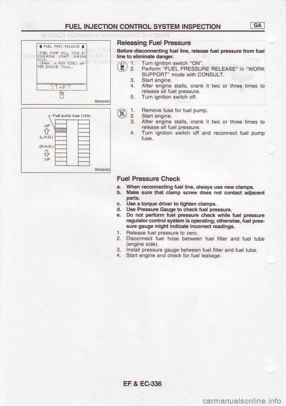 NISSAN SERENA 1993  Service Repair Manual FUEL 
INJECTION 
CONTNOL SYSTEM INSPEC]ION
Releasing  Fuel Prcssure
Eet  rc dlsnrEtlng  ftFl lift,  El.Es  nd pEsuB 
lrom tu€l
1.  Tum  iqnilion  swilch "ON.
2.  P6rom  FU€L 
PFESSURE  FELEASE