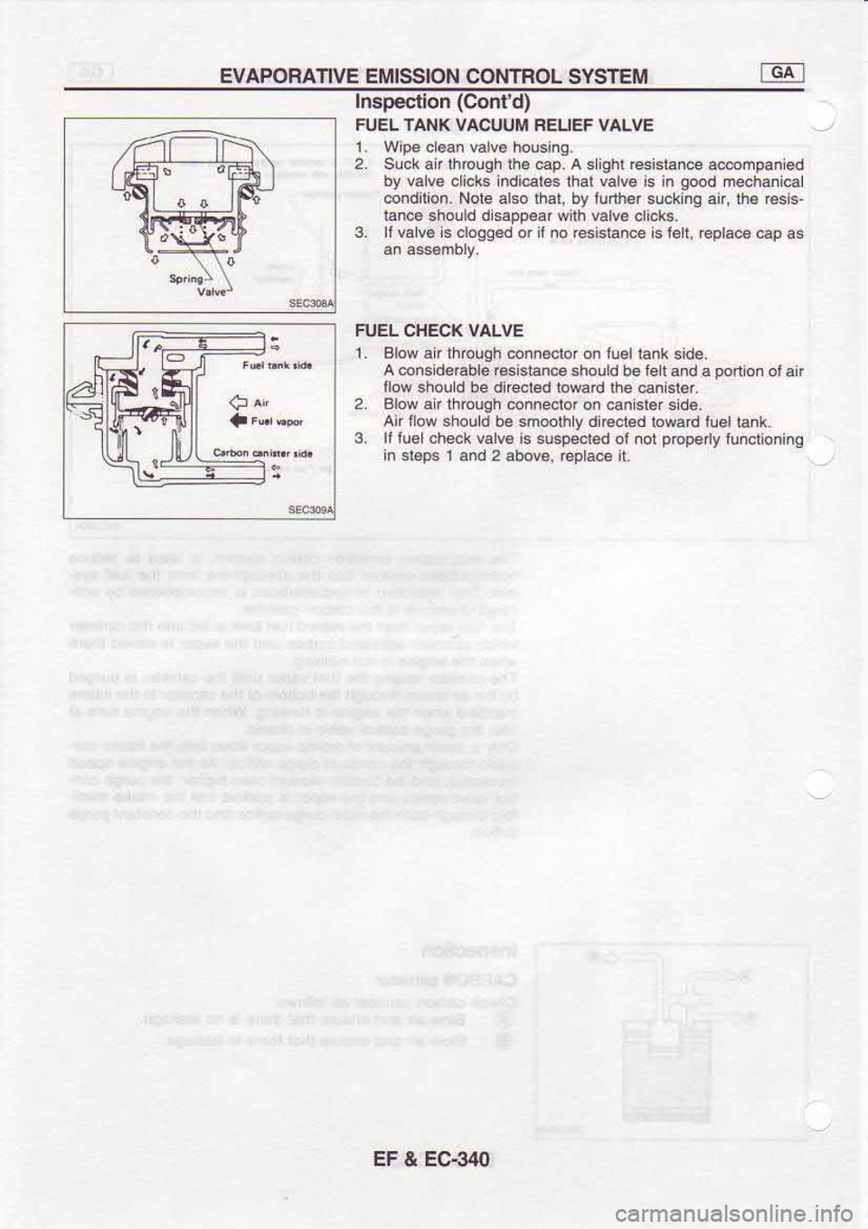 NISSAN SERENA 1993  Service Repair Manual EVAPORAIIVE 
EMISSION CONTROL  SYSTEM
Inspection  (Contd)
FUEL  TANK  VACUUM  FELIEF VALVE
1.  wp6  cl.an  valv.  housing.
2.  Slck  ar Ihbuqh  lh€ 
cap.  A 
slight  resislance  ac@frpan  ed
by  v