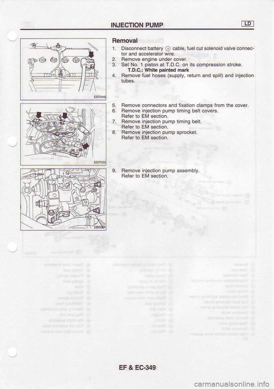 NISSAN SERENA 1993  Service Repair Manual INJECTION 
PUMP
Removal
1.  Dlsconneci  banery 
O ca 
ble,  luel 
cut solenoid  valve 
6nnec-
ror  and  ac@ledlor  wire.
2.  B6mov€  €ngin. und$ @v€..
3,  Set  No. I pislon 
al T,D.C.  on its @6