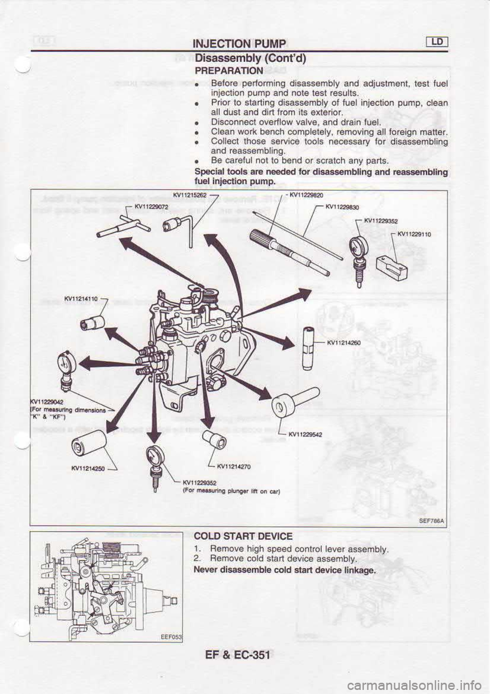 NISSAN SERENA 1993  Service Repair Manual INJECTION 
PUMP E
Disas.sembly  (Contd)
Belore  perloming 
diessembly  and adju$denl,  lest tueL
nldcton  pump 
and noie  iest resu  ls.
Prior  lo slaning  disassembly  of fu€  injeclion  pump, 
cl