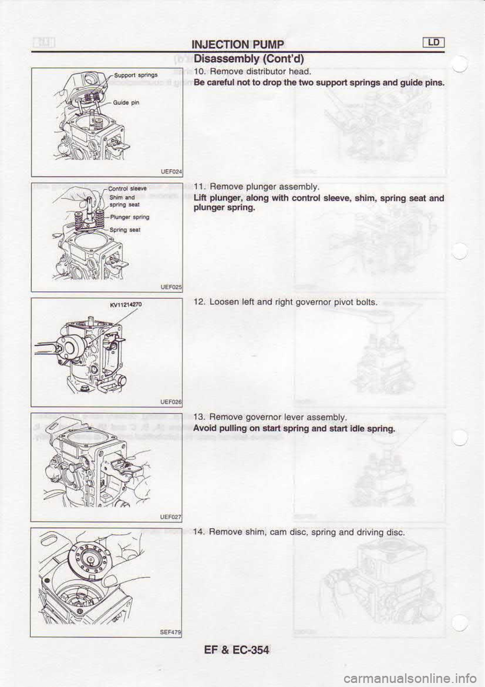 NISSAN SERENA 1993  Service Repair Manual INJECTION 
PUMP
Di6assenbly  (Confd)
r0.  Remove  disidbulor  head.
Be  er.tul  nol 
to drcp 
lhe trc  6upport  .prln$ and 
tulde  plrc.
1  1  . 
Famove  plunqer 
assembly.
Uit  plu.$r, 
abng wih dnli