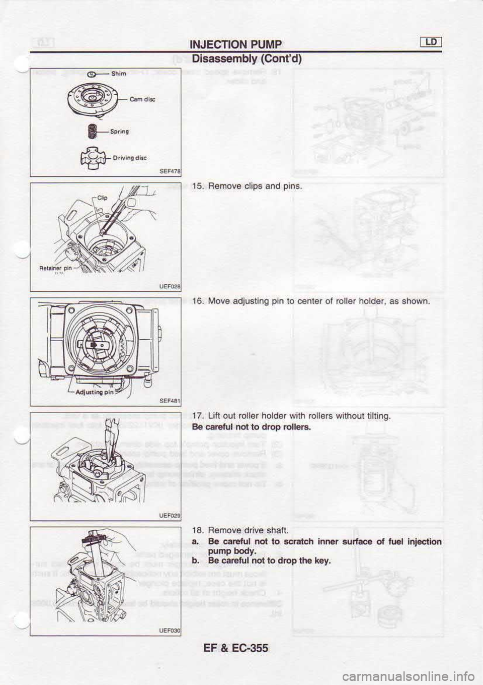 NISSAN SERENA 1993  Service Repair Manual INJECTION 
PUMP
E""fu
"t:r Disassembly 
(Contd)
15  F€nove 
cip. end pin6.
..  86 er.tul  nol to *Edr  inBr
b.  Be @Etul  not ro dbp  t€ r6y, srr@ 
ot nd  hi.clld
16 
Move  adjusiing  pin 
lo c