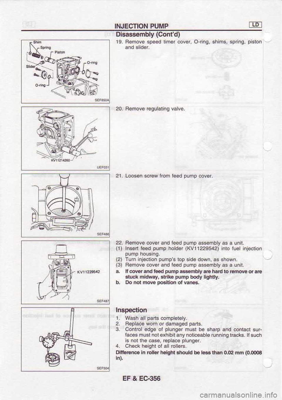 NISSAN SERENA 1993  Service Repair Manual INJECTION 
PUMP
Disass€mbly  (Contd)
19.  B€mov€  speed lim$ 6ver,  O.ing,  shims, spnng,  pislon
20  Femo@  @gulalng  valve.
21.  Loosen  so€w Jrcm t6.d oumo  cov6r.
22.  F€move  @ver and