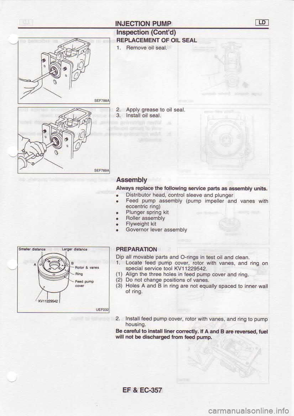 NISSAN SERENA 1993  Service Repair Manual INJECTION 
PUMP
2. hspecrion 
(Contd)
FEPLACEMENT  OF OIL  SEAL
Ass€mbly
Alwarys  €plc lh. lollorlng  sle prrb 
€ asmbly  unir*
.  Dlslnbulor  head. @nrrolsl€ev€ 
and otlnoer
.  Fe6d  puTp 