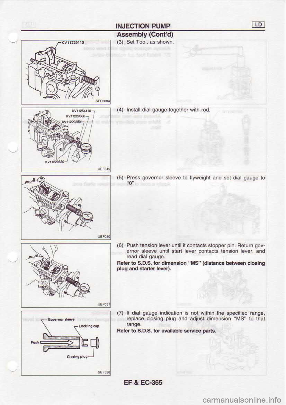 NISSAN SERENA 1993  Service Repair Manual INJECTION 
PUMP
Assembly  (Contd)
(4)  hslalrddrqauge  logerhe wrh rcd.
(5)  Prc$  govemor 
s eeve  b llweilht  and sel da  gaug€ 
lo
t; (6) 
Push  t€nsion  l€v€r until it 
contacts  stopper