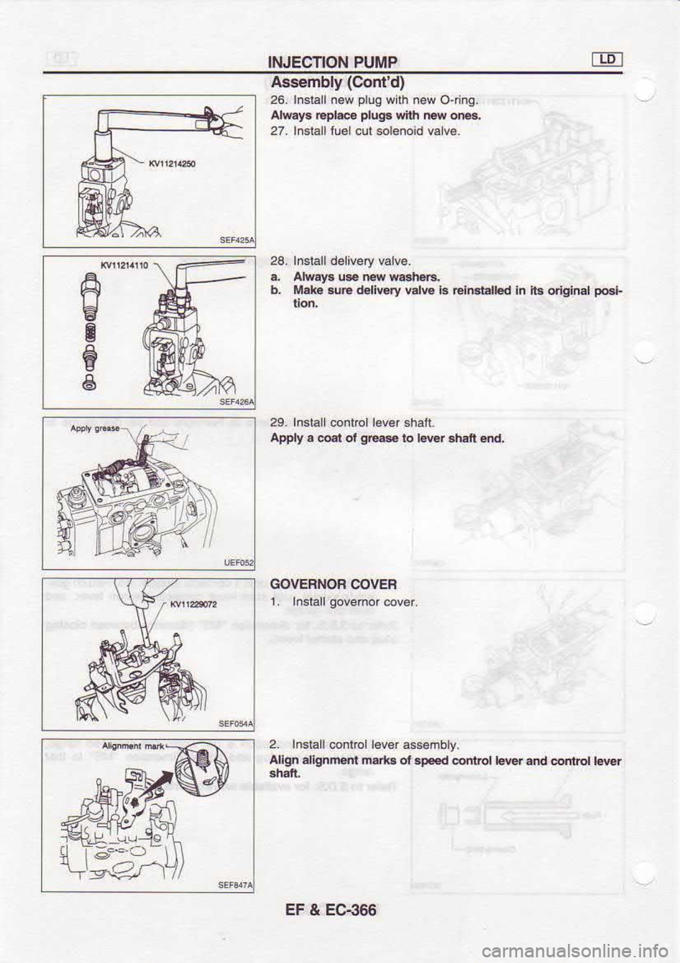 NISSAN SERENA 1993  Service Repair Manual INJECTION 
PUMP
Aasembly  (Conrd)
26.  lnslall.ew  plug 
with n€w 
O{ing.
AhdEy3  EdG plug8 
wih |Ew da
27.  lnslall  luel cul solenoid  v6lv€.
24.  Inslall  delivery  valve-
a  Alw.y5  us |Fw  m