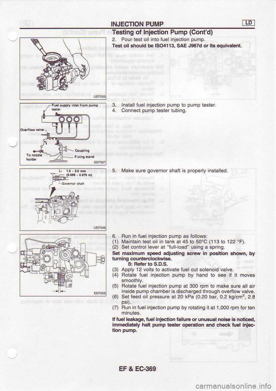 NISSAN SERENA 1993  Service Repair Manual INJECTION 
PUMP
T€sting  ot Inieclion  Pump (Confd)
2.  Pour  resl oil inlo  tuelinjeclion  pump.
T6t  oll .hould  be lso4tt3.  sAE J967d  or h. dulvalent
.slallfuelinjeclion  pump 
lo p!mp 
tesler.