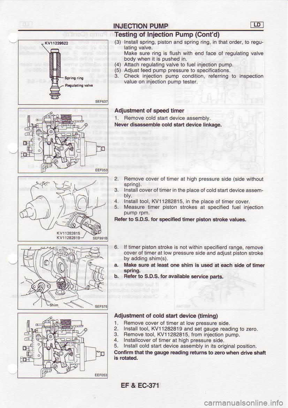 NISSAN SERENA 1993 Service Repair Manual INJECTION
PUMP
Tqning of Inieclion
Pump (Cont
d)
(3) Instarlsping, pislon
and sprinq ing, n lhal oder. lo regu-
Make slre dnq is llush with end lace ol rcgu aling €lvo
body when it NISSAN SERENA 1993 Service Repair Manual INJECTION
PUMP
Tqning of Inieclion
Pump (Cont
d)
(3) Instarlsping, pislon
and sprinq ing, n lhal oder. lo regu-
Make slre dnq is llush with end lace ol rcgu aling €lvo
body when it