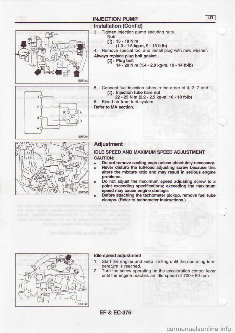 NISSAN SERENA 1993  Service Repair Manual INJECTION 
PUMP
-  E:il hstallation 
(Contd)
3.  Iq  en ntecllon  pump 
secuing  nuts.
"  {13 . 
1a  tsfi,  9 - 
13  tt tb)
4.  Bemove  sp€ciallooland  insiallplug wllh n6w washef.
Always  Eplae p