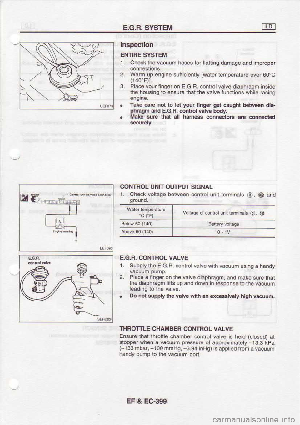 NISSAN SERENA 1993 Service Repair Manual E.G.R.
SYSTEM
Inspeclion
ENNFE SYSTEM
1. C h€ck lhe vacuum hoses Io r llatting damaqe snd m prop6r
2. w.m up €ngine
s!fiici€nlly
lwatertenperatu.6 ovor
60oc
3. Placa yow
tinger NISSAN SERENA 1993 Service Repair Manual E.G.R.
SYSTEM
Inspeclion
ENNFE SYSTEM
1. C h€ck lhe vacuum hoses Io r llatting damaqe snd m prop6r
2. w.m up €ngine
s!fiici€nlly
lwatertenperatu.6 ovor
60oc
3. Placa yow
tinger