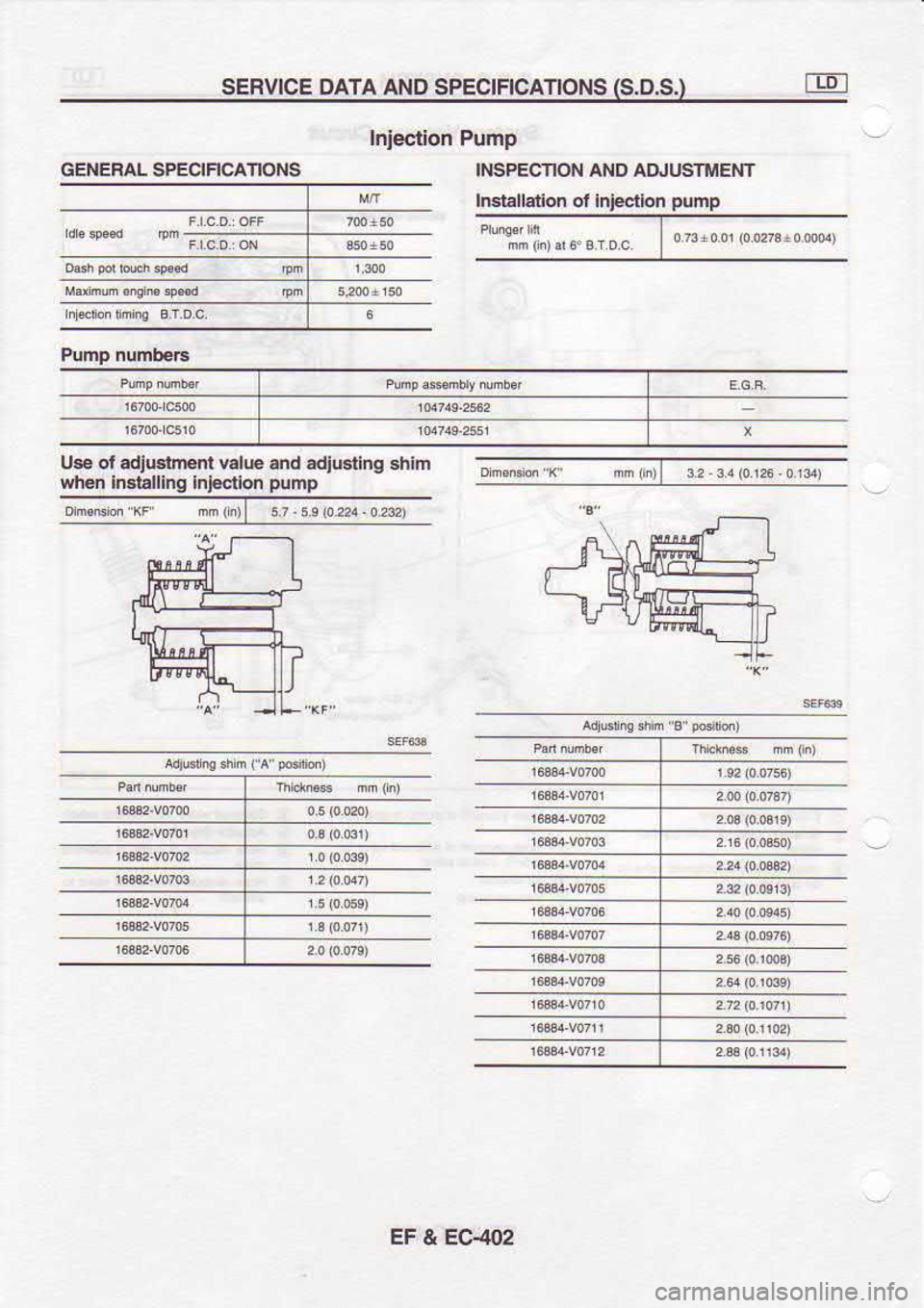 NISSAN SERENA 1993  Service Repair Manual SERVICE 
DATA ANO SPECIFICAI]ONS  (s.D.S.}
GENEFAL  SPECIFCANONS Iniection 
Pump
U$  or adjuslnl€nl  value
wfin  insblling  inl€cdon INSPECTION 
ANO AI}IUSTMENT
lNiallarion  ol Inlectk 
n pump
EF 