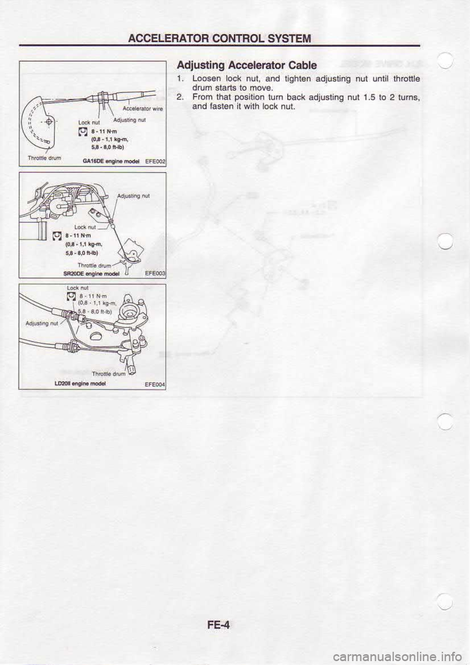 NISSAN SERENA 1993  Service Repair Manual ACCELERATOR 
CONTROL SYSTEM
9..!r( Adiustlng 
Accele6tor 
Cable
1.  Loosen  lock nul, and liqhlen 
adju.ling  nul unlil  $rctle
drum  srad. 
to move.
2.  Fom  lhal posilio. 
tim back  adtusrng  nur 1.
