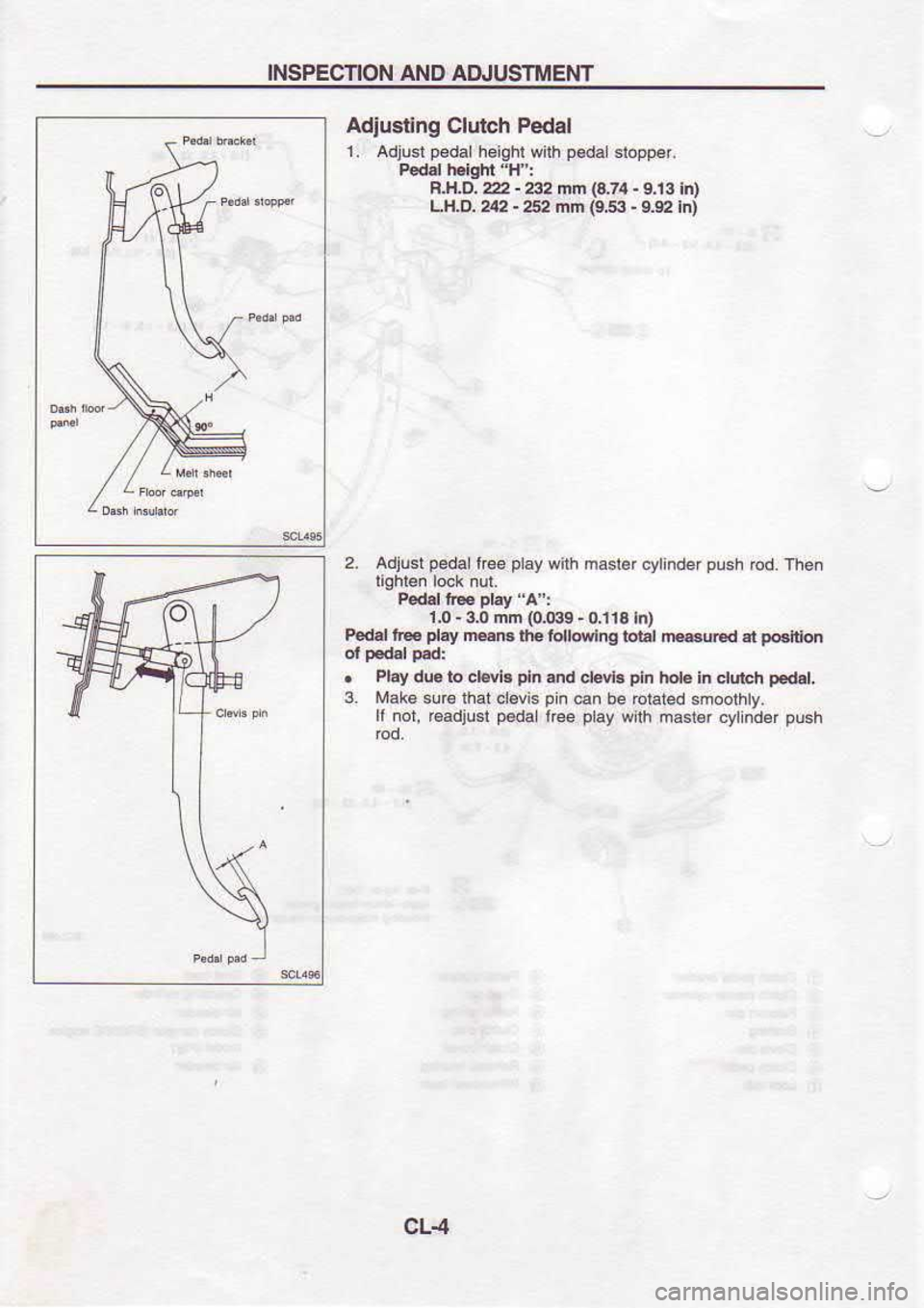 NISSAN SERENA 1993  Service Repair Manual INSPEC]ION 
AND AD.JUSTMENT
Adiusting  Clutch Pedal
1.  Adjusl  p€dal 
hoighl  wilh peda 
sloppei
R.H,D.  222 - 
232  mn (&74 
- 
f.i3  h)
LH,D.  242 - 
252  nn  {9,53  - 
9.S2  int
2.  Ad.u6rp€da