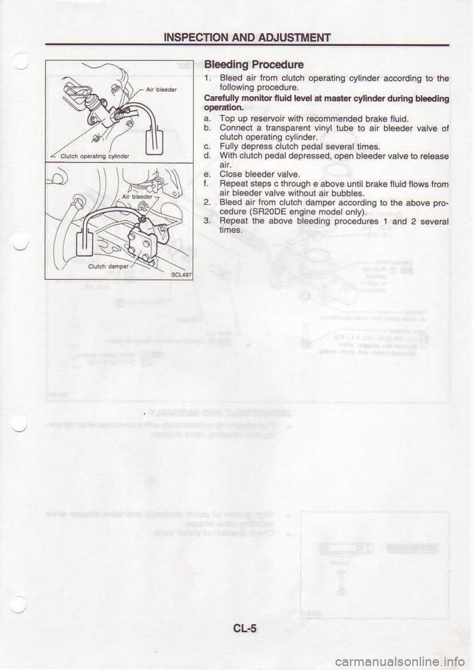 NISSAN SERENA 1993  Service Repair Manual INSPECTION 
AND 
ADJUSTMEiIT
Bleedlng  Procedu|e
L  Blsd  an trom  clulch  opeBling 
cylinder a@rding  ro th€
cr.lully  noilo. 
nuld Lsl n nard  .yiftr*  dudns 
bteedt.g
Too  !D r6$ruoir  wilh €@h