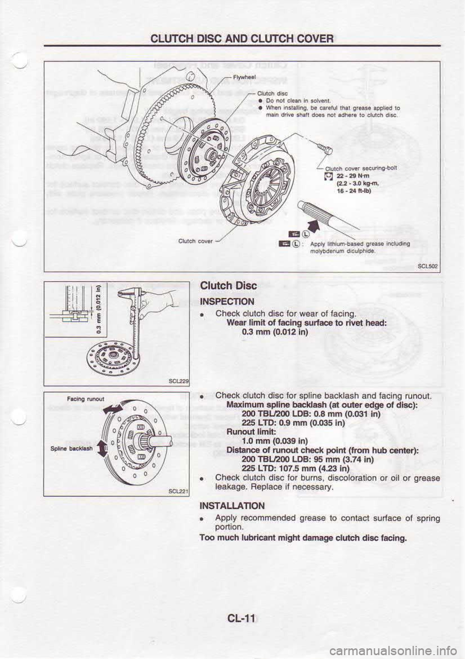 NISSAN SERENA 1993  Service Repair Manual CLUTCH 
DISC AND CLUTCH  COVEF
clutch  Disc
INSPECTION
.  ch6ck 
clutch 
di6c lor wear  ol tacing.
Wdr  llnt ot tadng  urfae  b ln6i  h6d:
0,3  nn  (0012In)
.  Chek.lulch  dl$ Ior splin€  backlash 
