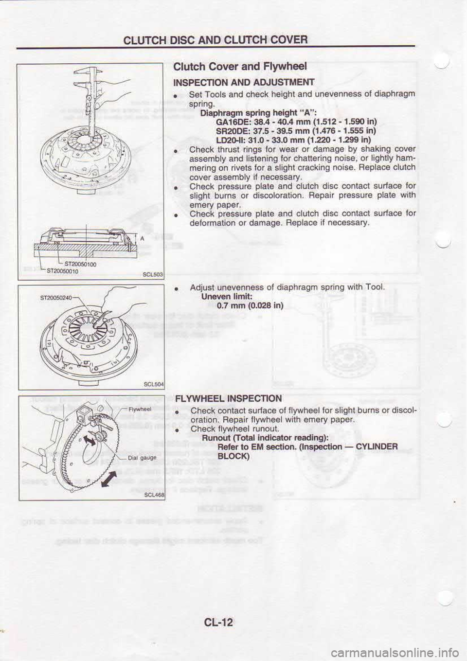 NISSAN SERENA 1993 Service Repair Manual CLUTCH
DISC
AND CLUTCH COVER
Clutch Cover and
Flywheel
INSPECNON ANO AAUSTMEM
. Sel Tools
and check heiqhtand un€v..ness ol
diaphraqm
Dlgphdgn .pdng h.iglt
"4":
cat6DE: 3a.4 -
/O,4 NISSAN SERENA 1993 Service Repair Manual CLUTCH
DISC
AND CLUTCH COVER
Clutch Cover and
Flywheel
INSPECNON ANO AAUSTMEM
. Sel Tools
and check heiqhtand un€v..ness ol
diaphraqm
Dlgphdgn .pdng h.iglt
"4":
cat6DE: 3a.4 -
/O,4