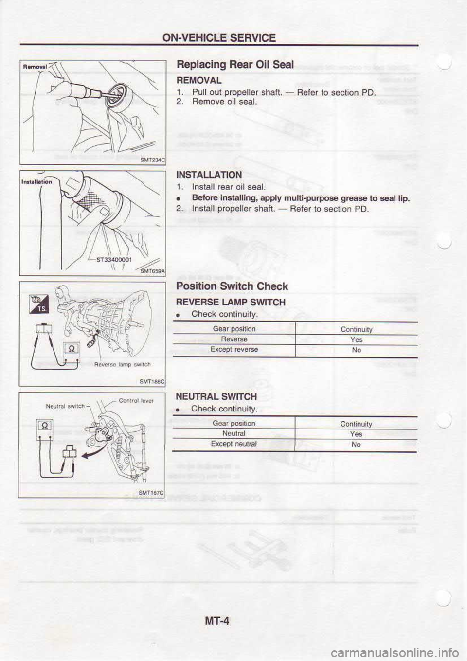 NISSAN SERENA 1993  Service Repair Manual OI+VEHICLE 
SERVICE
Replacing  Rear Oil Serl
FEIIIOVAL
L  Pull  out p@p€ller 
shaft- - 
Reler  lo selion  PD.
INSIALLANON
.  BcloF  In.blling,  Epply muld{une  gMe 
to et  ttp.
2.  ln6la  I popeller
