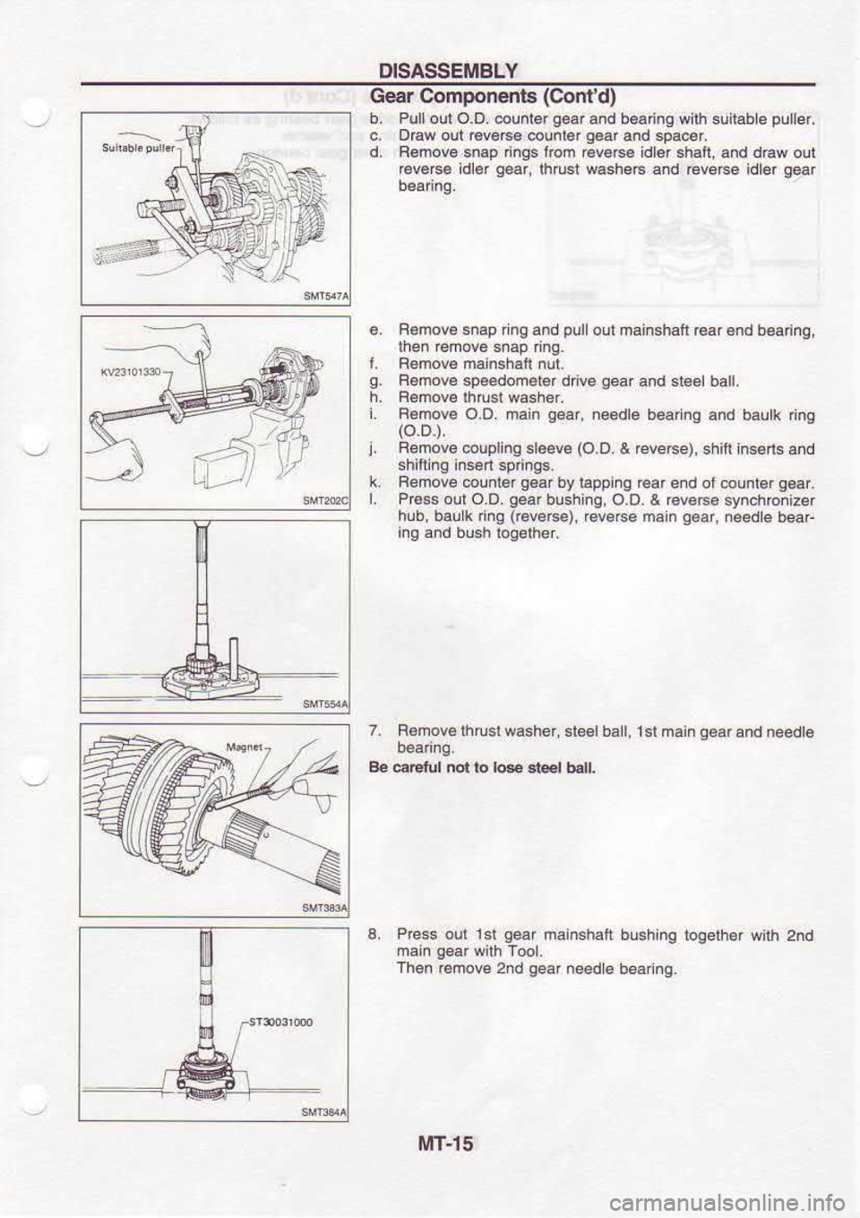 NISSAN SERENA 1993  Service Repair Manual DISASSEMBLY
Gear  Components  (Contd)
b.  Pull  olt O.D.  @unter  g€ar 
and b6.  ng wilh  suitabl€  puller.
c.  D€w  oul reverce  counl€r g€af 
and spa€r.
d.  Bemovo  snap ings fbm €v€