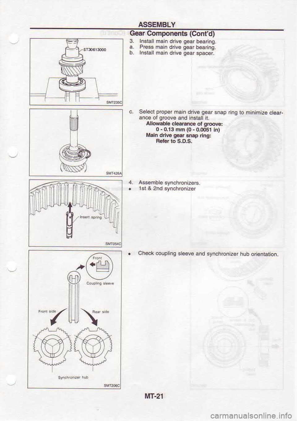 NISSAN SERENA 1993  Service Repair Manual ASSEMBLY
Gear  Components  (Contd)
3.  lnsialloan 
dnve 
9€6rb€anng
a.  Fr€.s  ma n 
dnv6  g€.r 
bearng.
b.  Inslal 
nain dnv6  q6.r 
6pacer.
4,  Assemblasyn.honizors.
.  1sl & 2nd  synchoniz