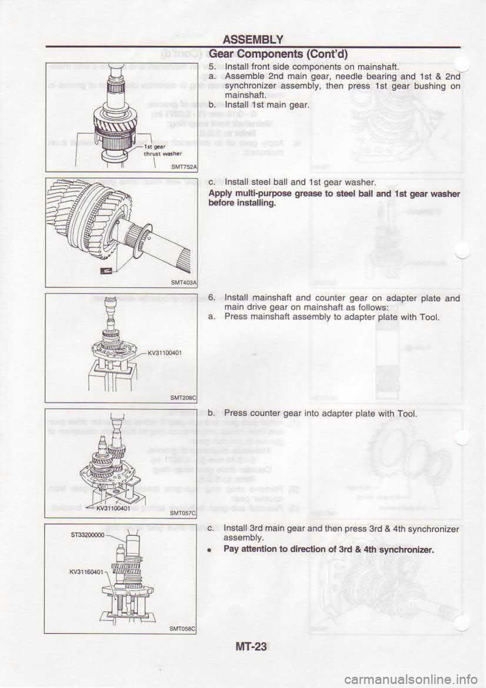 NISSAN SERENA 1993  Service Repair Manual ASSEMBLY
G€ar  Componed6  (Contd)
5.  Insi.ll  lrcnt 6ide 
@mpo.ents  on mahshaft_
a.  Ass6mbl€  2.d 
naln  gear, 
nadle  beanng  and 1st & 2nd.-
synchbni4r  as*mbiy, then p6s 
lsr g.ar 
bushi.g 