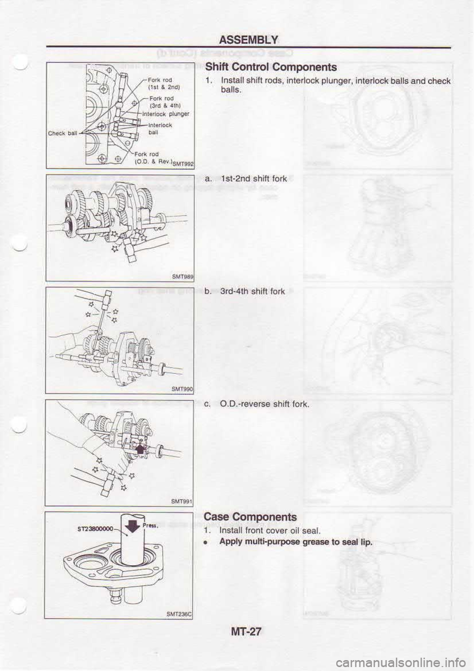 NISSAN SERENA 1993  Service Repair Manual ASSEMBLY
Shill  Control 
Comoonents
1.  Installshift  rc&, i.16 ock plwger, 
intedockballs6nd  check
c  O.O.revers6  shih bft.
Case  Components
1.  Insialltbnl 
@veroil seat.
.  AFply  muhrpuQ6.  gt