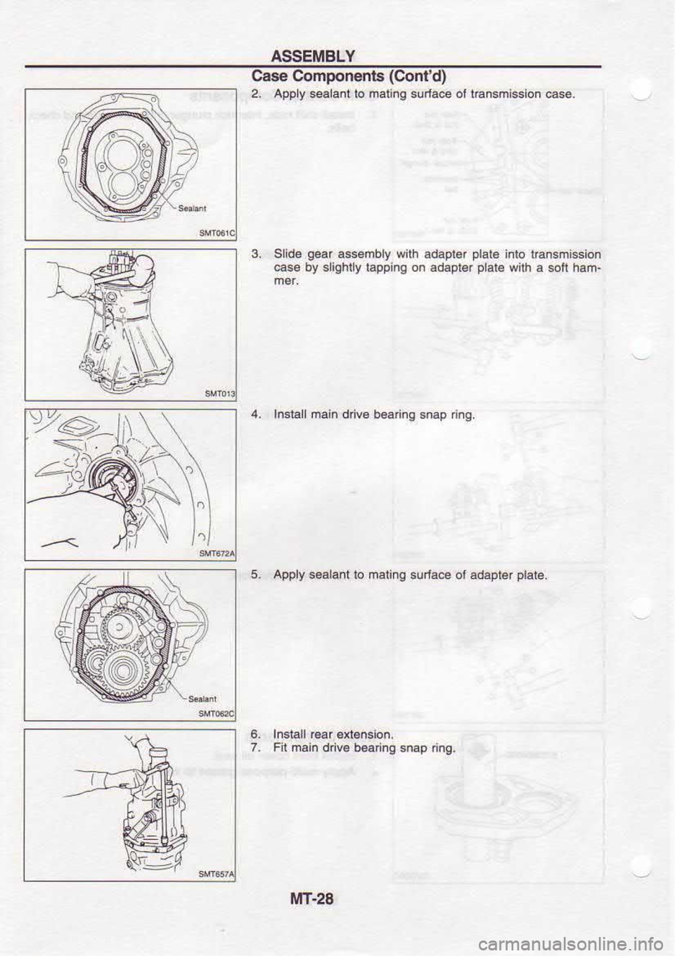 NISSAN SERENA 1993  Service Repair Manual ASSEMBLY
case  components  (contO
2,  Apply  s€la.t  io maling  sudace  ol ldnsmission  60.
3.  Slide  q€r 
a$embly  wilh adapter  plat6 
inlo r€nsmission
@se  by slighlly  bpping  on adapl6r  