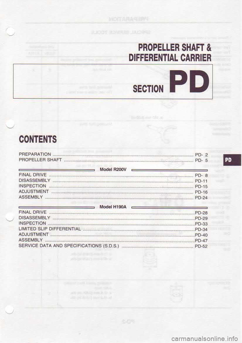NISSAN SERENA 1993  Service Repair Manual PROPEIIER 
SHAFI &
DIFFERENTIAL  CARRIER
SECTIONPD
5
F  NAL  ORIVE  .. .. ..  .. .
DISASSEMBLY
INSPECTION
ADJUSTIMENT
assEIvBLy  .. ......  .. ...  .. -.  .. ..
SEBV|CE  OATA AND 
SPEC|F|CAT|ONS  (SO 