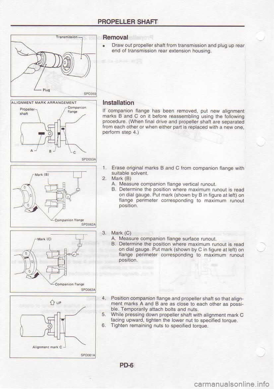NISSAN SERENA 1993 Service Repair Manual PROPELLEB
SHAFT
or Bemoval
. Drawoutprop€ll6rshaftibm lEnsmission
and p
ug up @ar
€nd oftEnsmission
rcar extension housing.
Installation
li companion lange has b€en Emoved, put
new NISSAN SERENA 1993 Service Repair Manual PROPELLEB
SHAFT
or Bemoval
. Drawoutprop€ll6rshaftibm lEnsmission
and p
ug up @ar
€nd oftEnsmission
rcar extension housing.
Installation
li companion lange has b€en Emoved, put
new